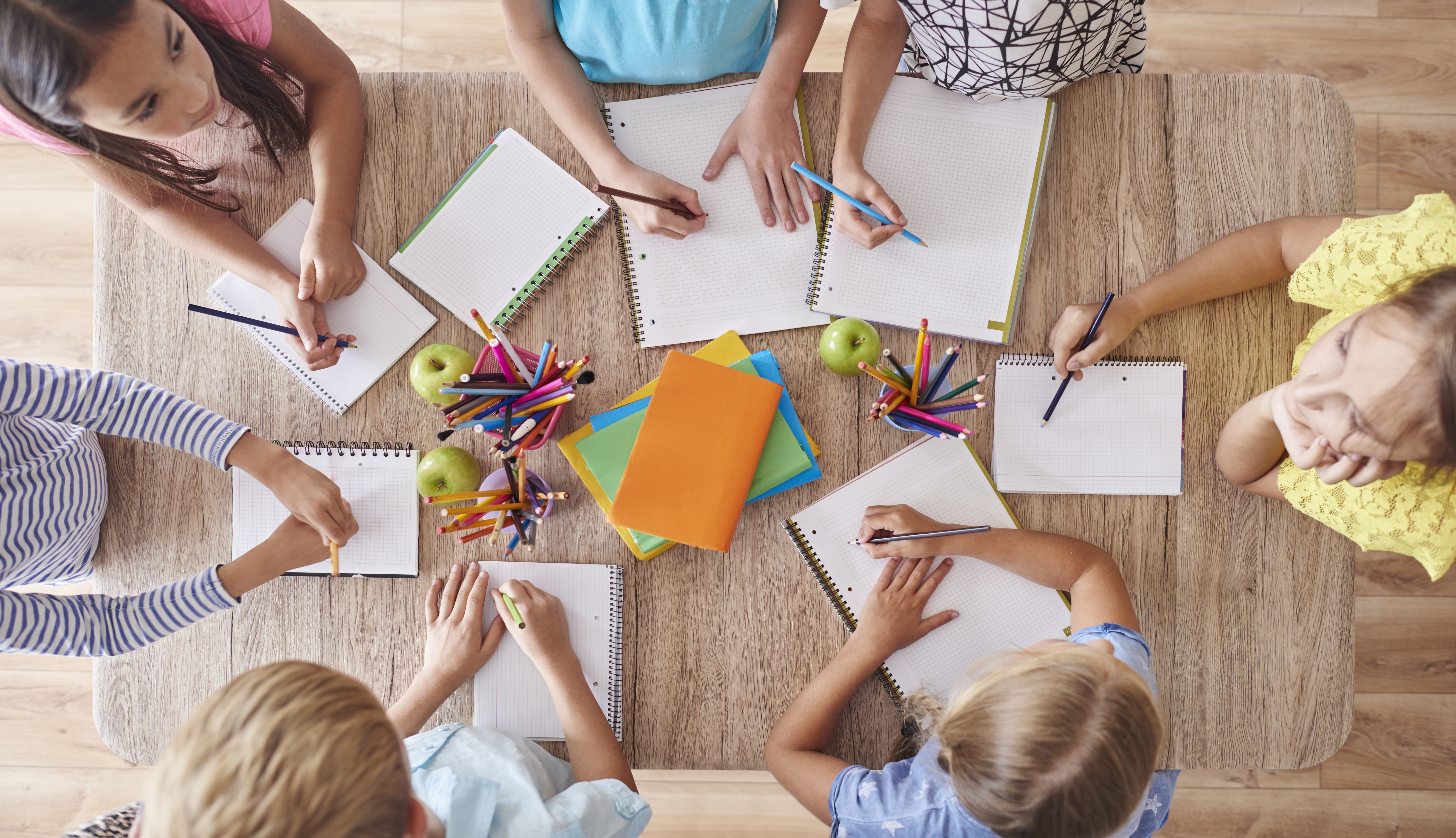 high angle view drawing kids